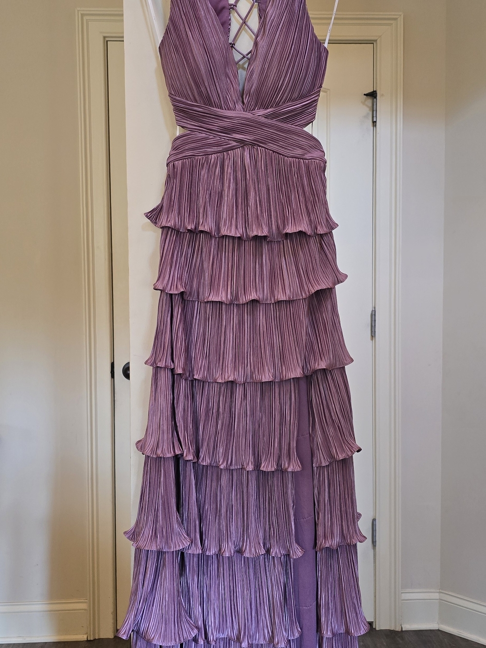 Lulu's Dusty Mauve Pleated Tiered Maxi with Lace-Up Bodice